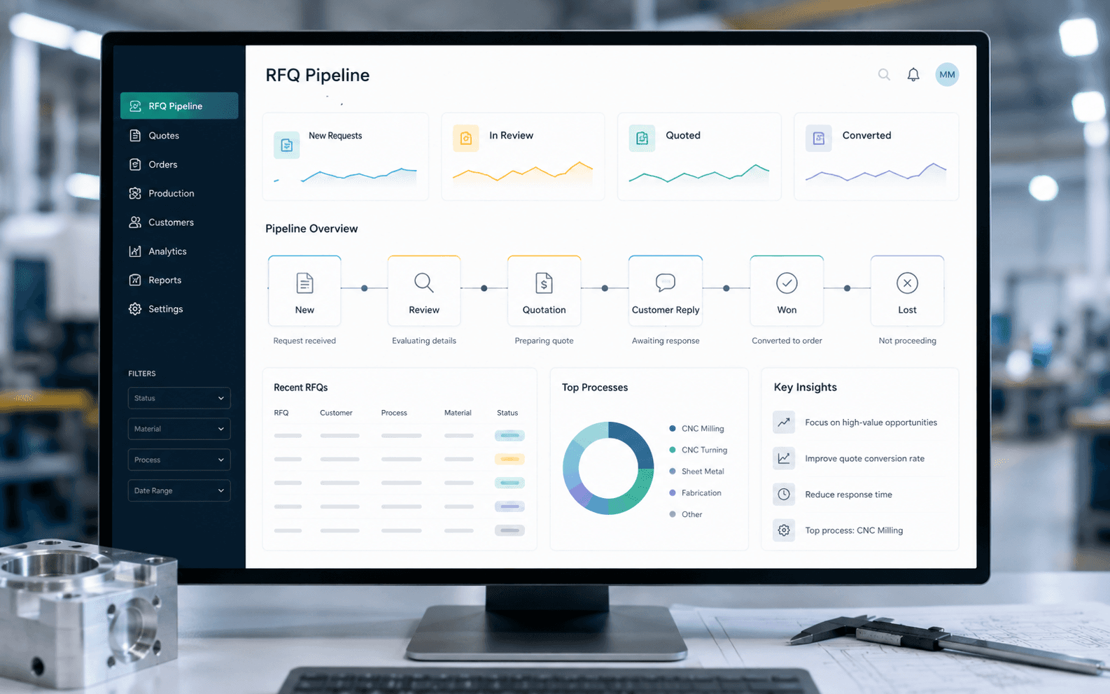 Abstract RFQ dashboard interface for manufacturing workflow tracking